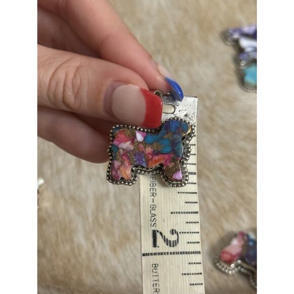 Native American SW Sterling Silver Pink Dahlia Turquoise Cow Bull Steer Pendant - Picture 6 of 8